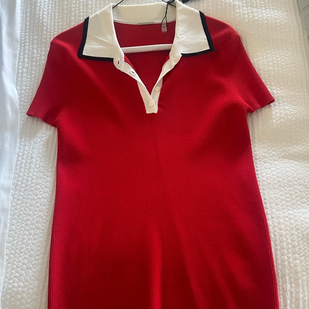 Elie Tahari Poppy Red Ribbed Polo Top/sweater with White Trim